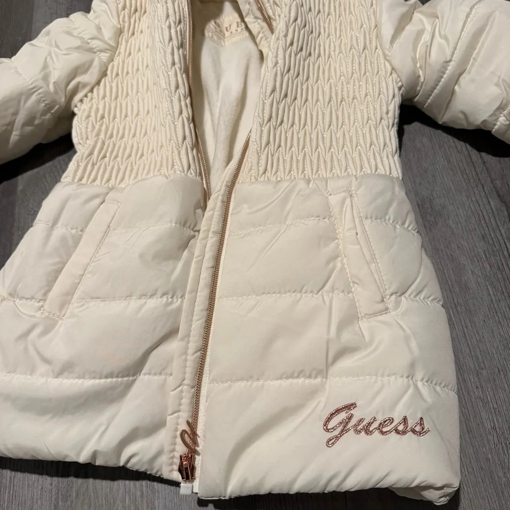 Guess Ivory Quilted Jacket with Faux Fur Hood